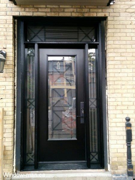 Single entry steel insulated front door. Black. High door 8 foot 96 inches. Transom and two sidelights. Century glass inserts. Multi point lock. Black threshold bottom sill